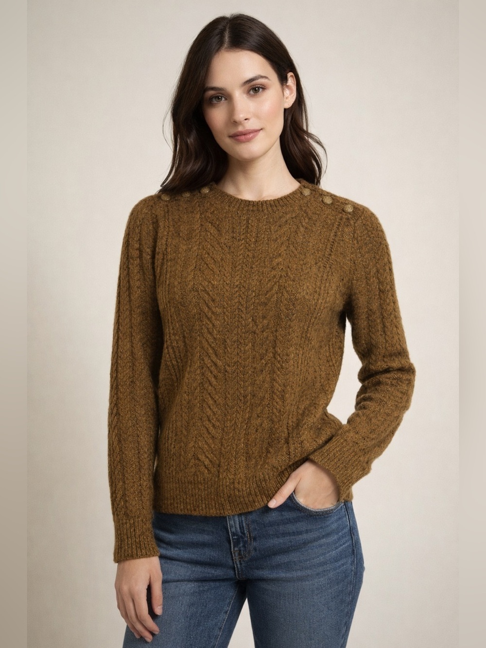 J.Crew XXS Lambswool Cable Knit Sweater Brown Tweed Button Shoulder